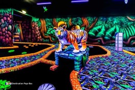 Vous jouez au minigolf dans une magnifique salle à ambiance fluorescente